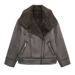 Shearling jacket - grey aviator coat for women