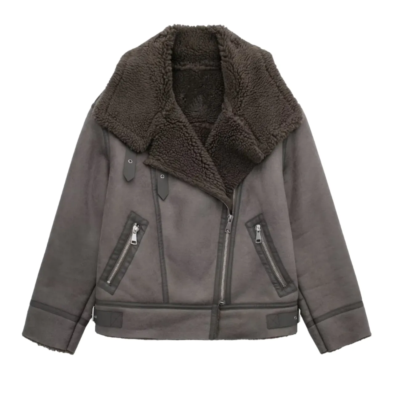 Shearling jacket - grey aviator coat for women
