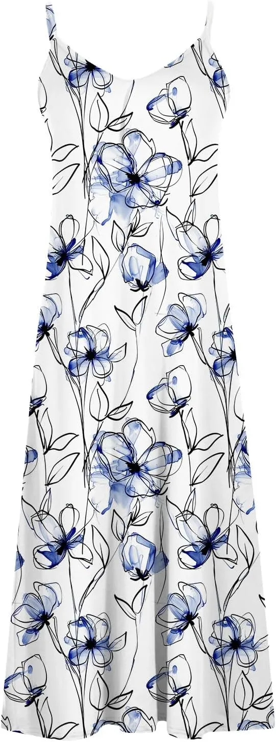 Sleeveless Floral Print Maxi Dress for Women Casual Summer Tank Dresses Beach Vacation Flowy Bohemian Trendy Sundress