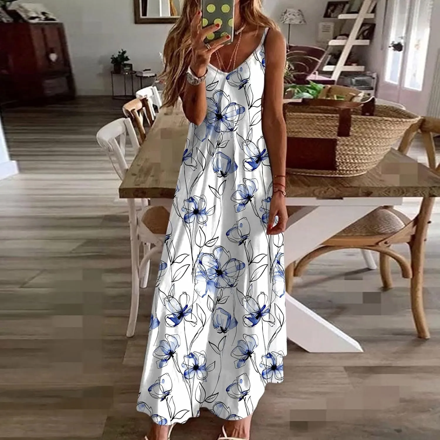 Sleeveless Floral Print Maxi Dress for Women Casual Summer Tank Dresses Beach Vacation Flowy Bohemian Trendy Sundress