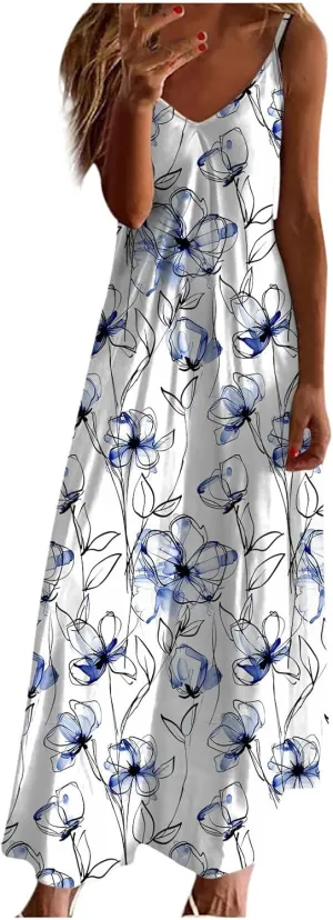 Sleeveless Floral Print Maxi Dress for Women Casual Summer Tank Dresses Beach Vacation Flowy Bohemian Trendy Sundress