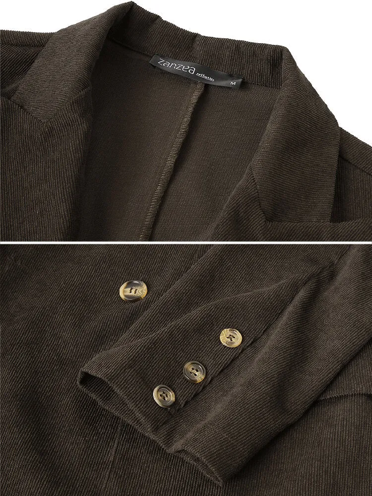 Women Corduroy Double Breasted Lapel Casual Long Sleeve Blazers With Pocket