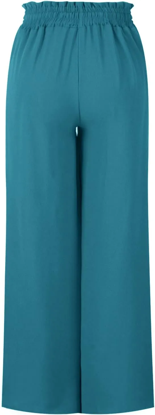 Women High Waist Casual Wide Leg Long Palazzo Pants Trousers Solid Color Drawstring Pants Beach Vacation Clothes
