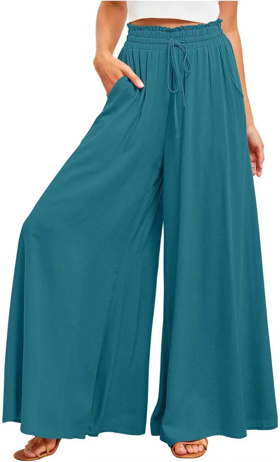 Women High Waist Casual Wide Leg Long Palazzo Pants Trousers Solid Color Drawstring Pants Beach Vacation Clothes