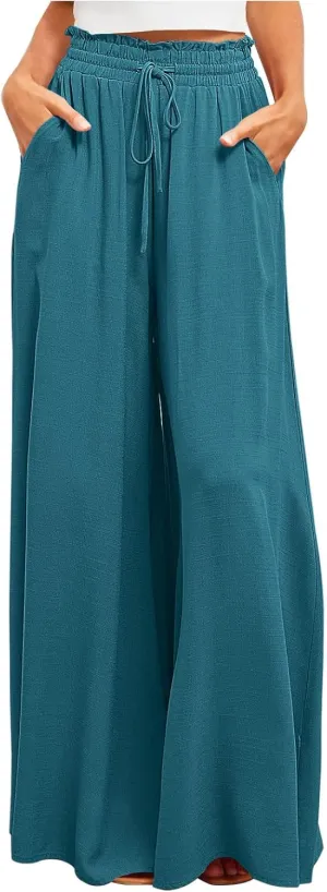 Women High Waist Casual Wide Leg Long Palazzo Pants Trousers Solid Color Drawstring Pants Beach Vacation Clothes