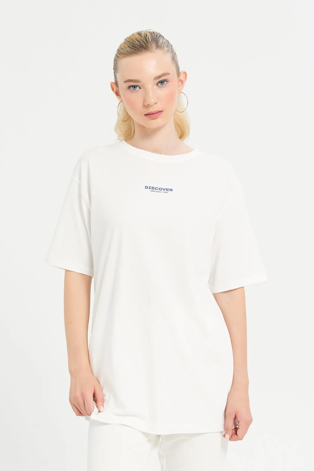 Women White Oversized Placement Print T-Shirt