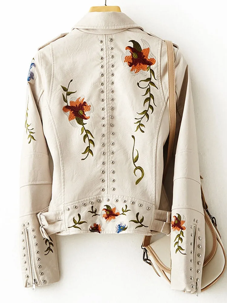 Women's leather jacket floral design beige casual attire - embroidered biker jacket